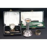 Group of silver items to include an Elizabeth II cased christening set, Birmingham 1953, a George