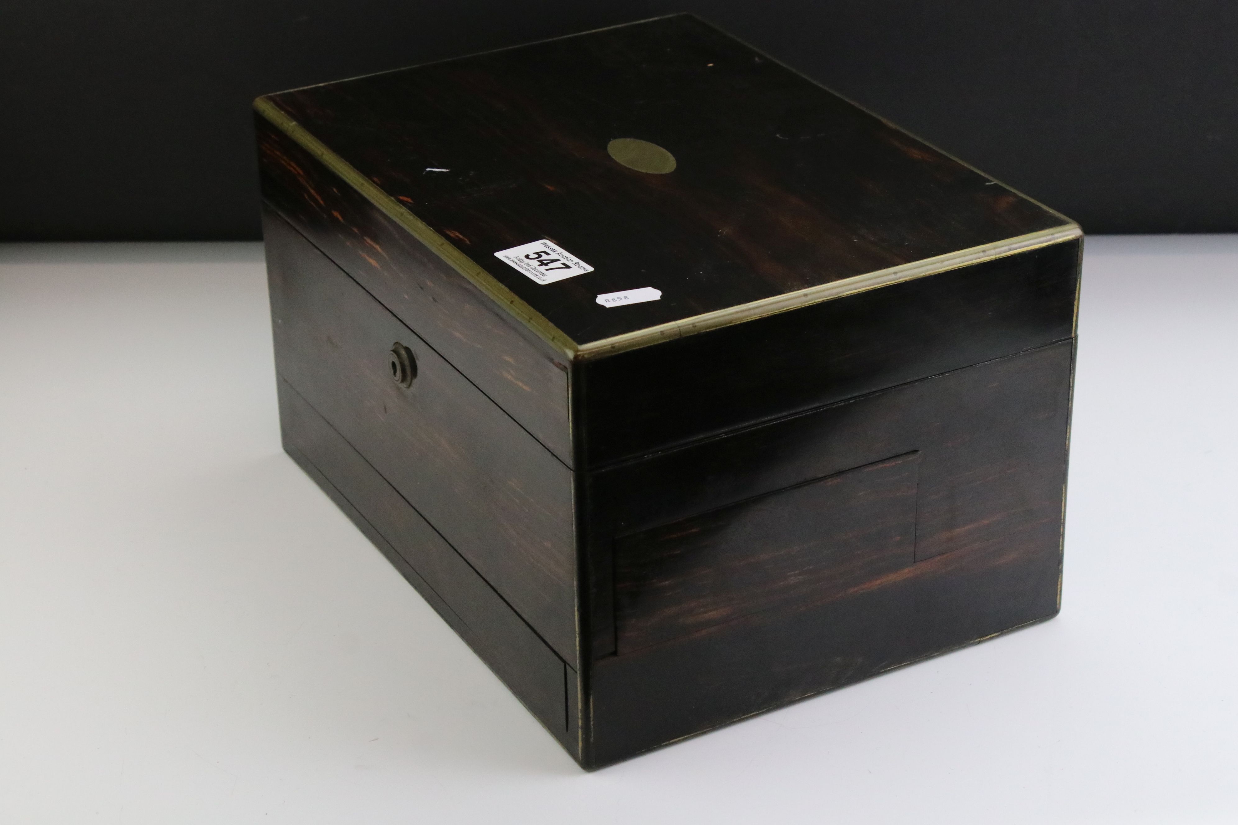 Mid 19th century coromandel travelling dressing box, containing silver topped dressing table jars, - Image 13 of 13