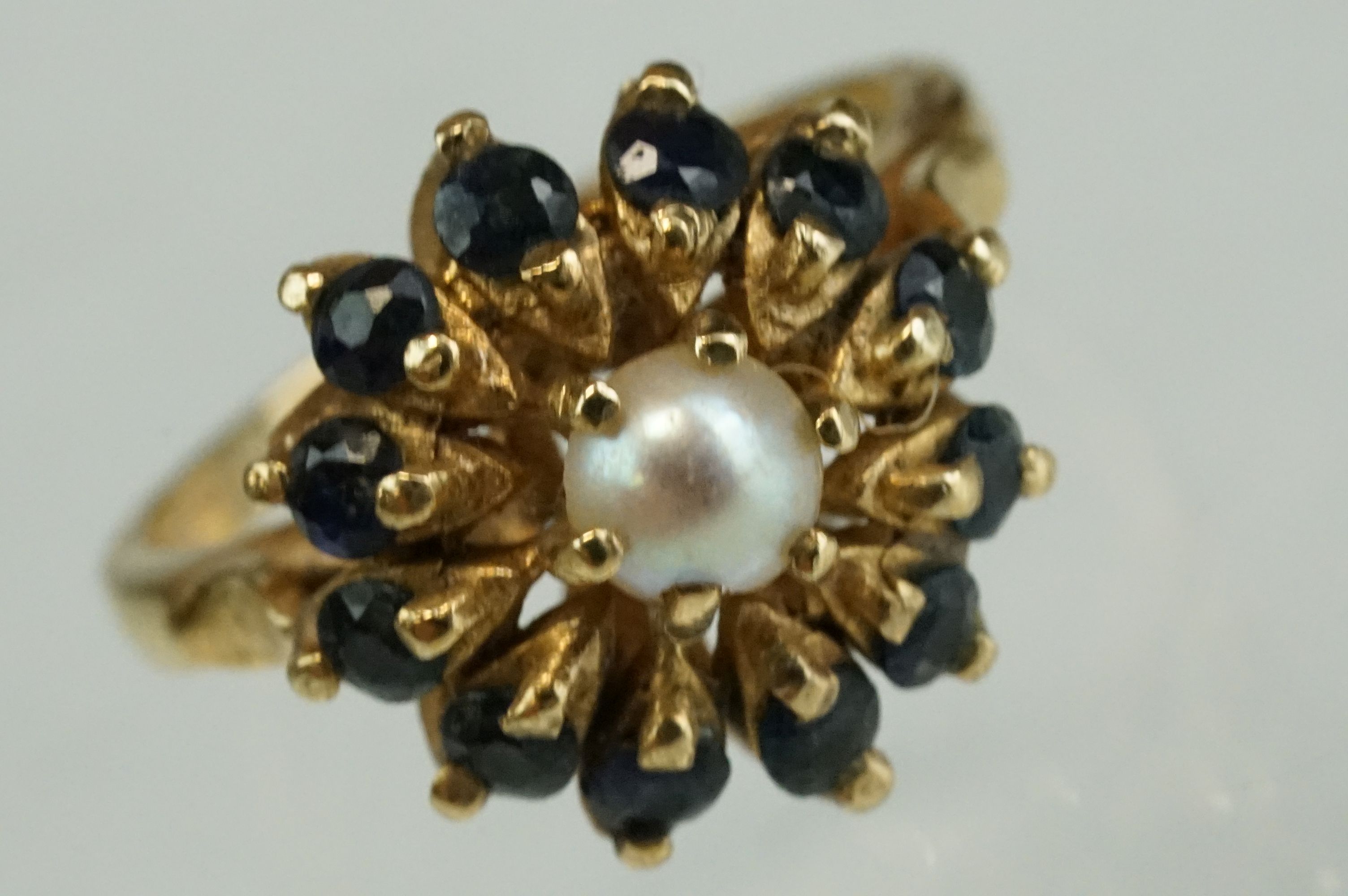 Pearl and sapphire 9ct yellow gold flower head cluster ring, the white cultured pearl to centre with - Image 8 of 9