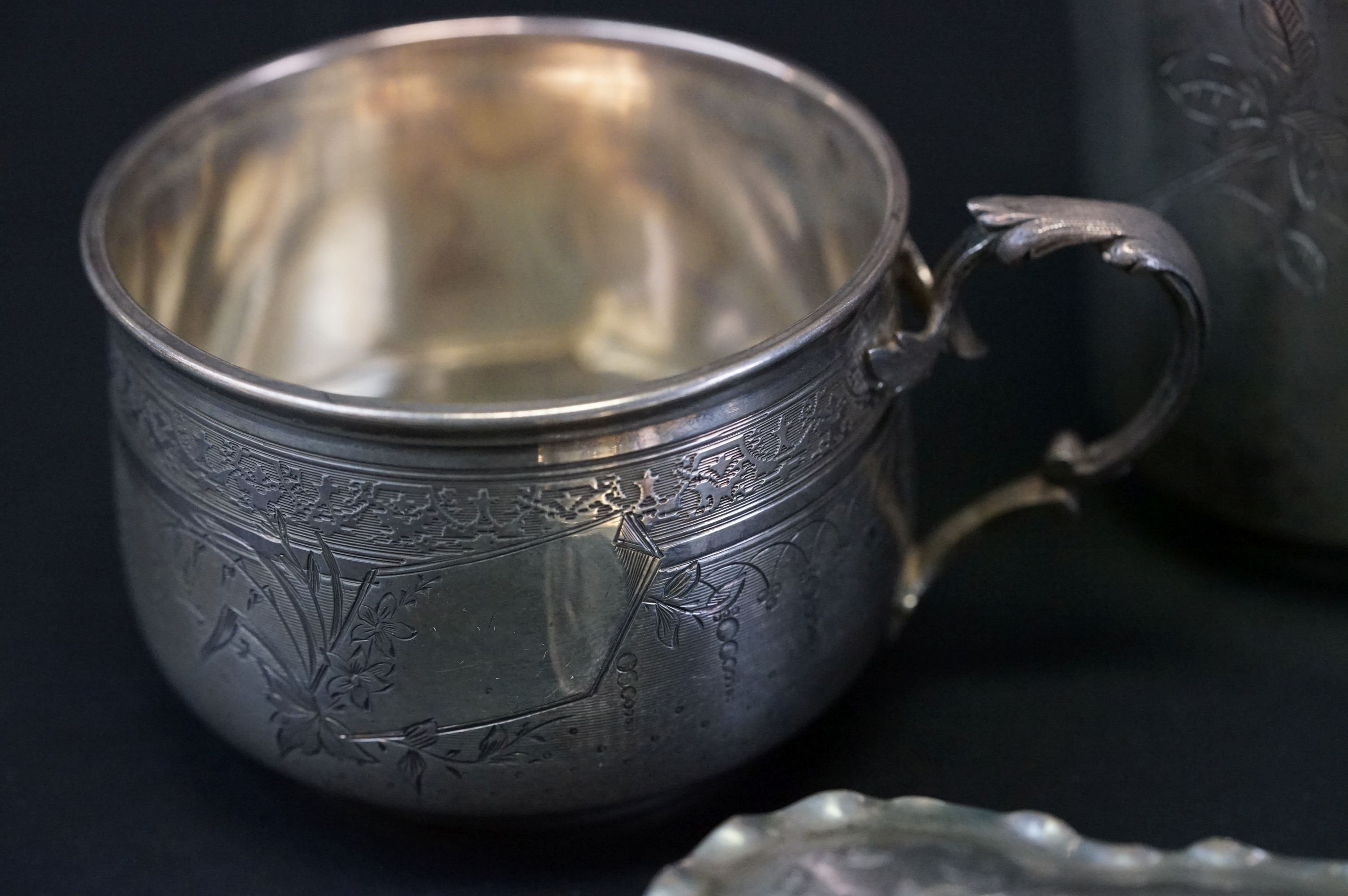 French silver cup and saucer, engine turned and engraved decoration, vacant cartouche, scroll handle - Image 4 of 7