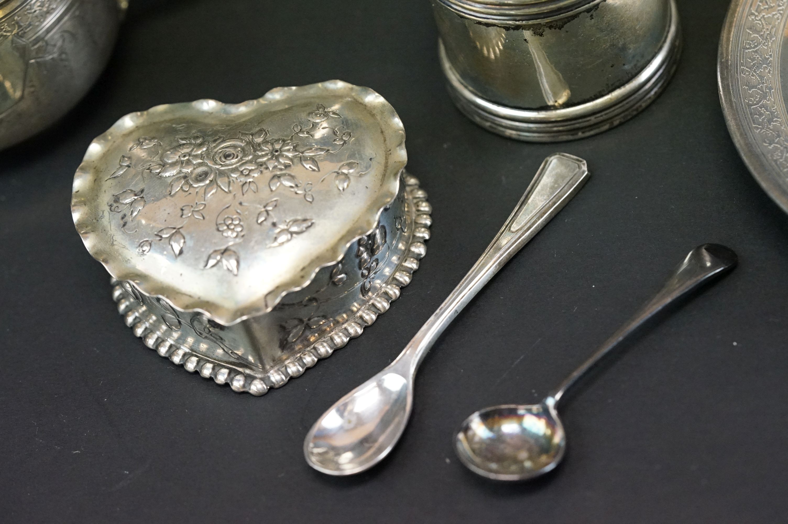 French silver cup and saucer, engine turned and engraved decoration, vacant cartouche, scroll handle - Image 2 of 7