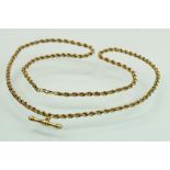 9ct yellow gold rope twist necklace with yellow metal t bar charm, bolt ring clasp, length approx