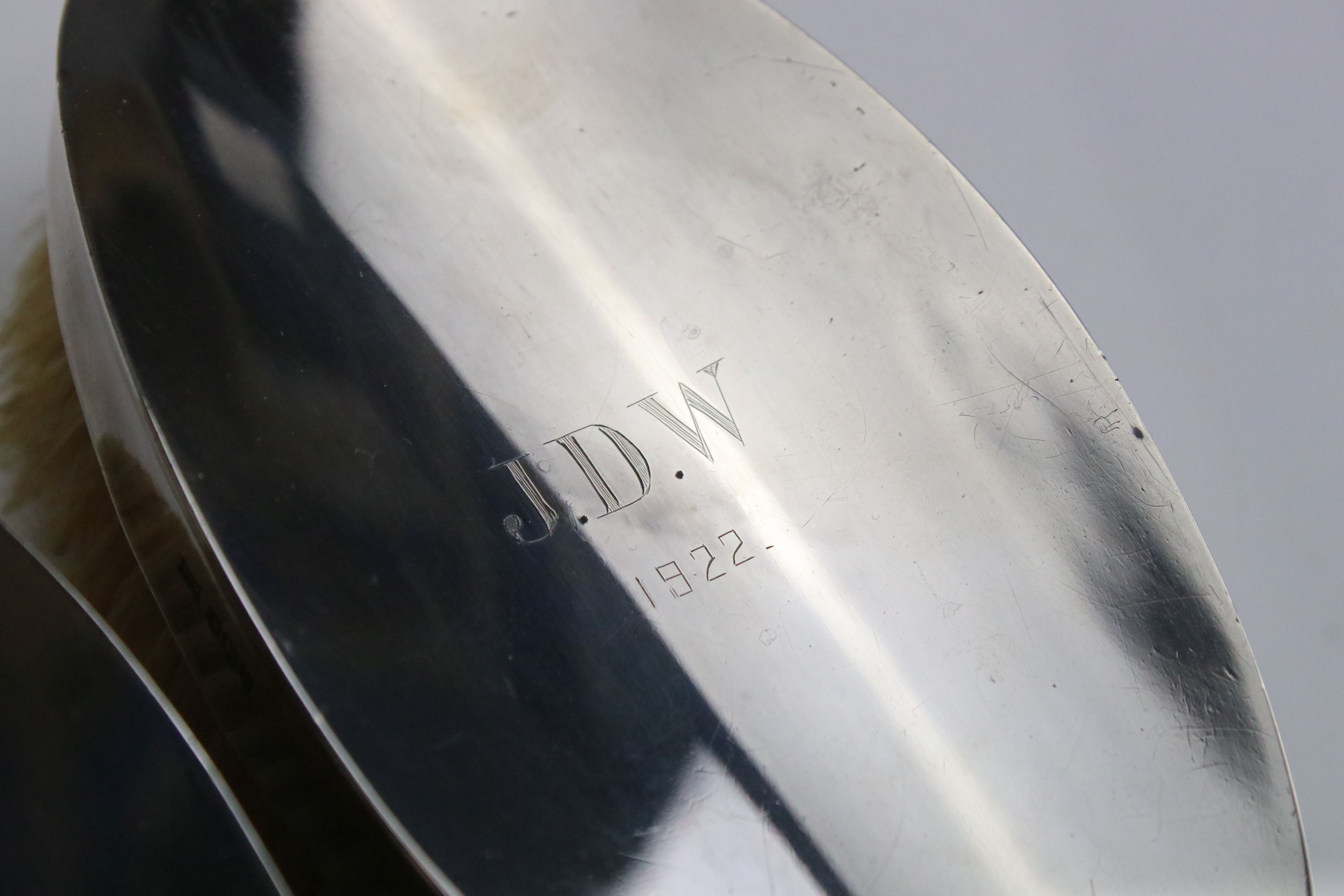 Pair of silver backed brushes, one with engraved initials JDW and dated 1922; makers Walker & - Image 7 of 8