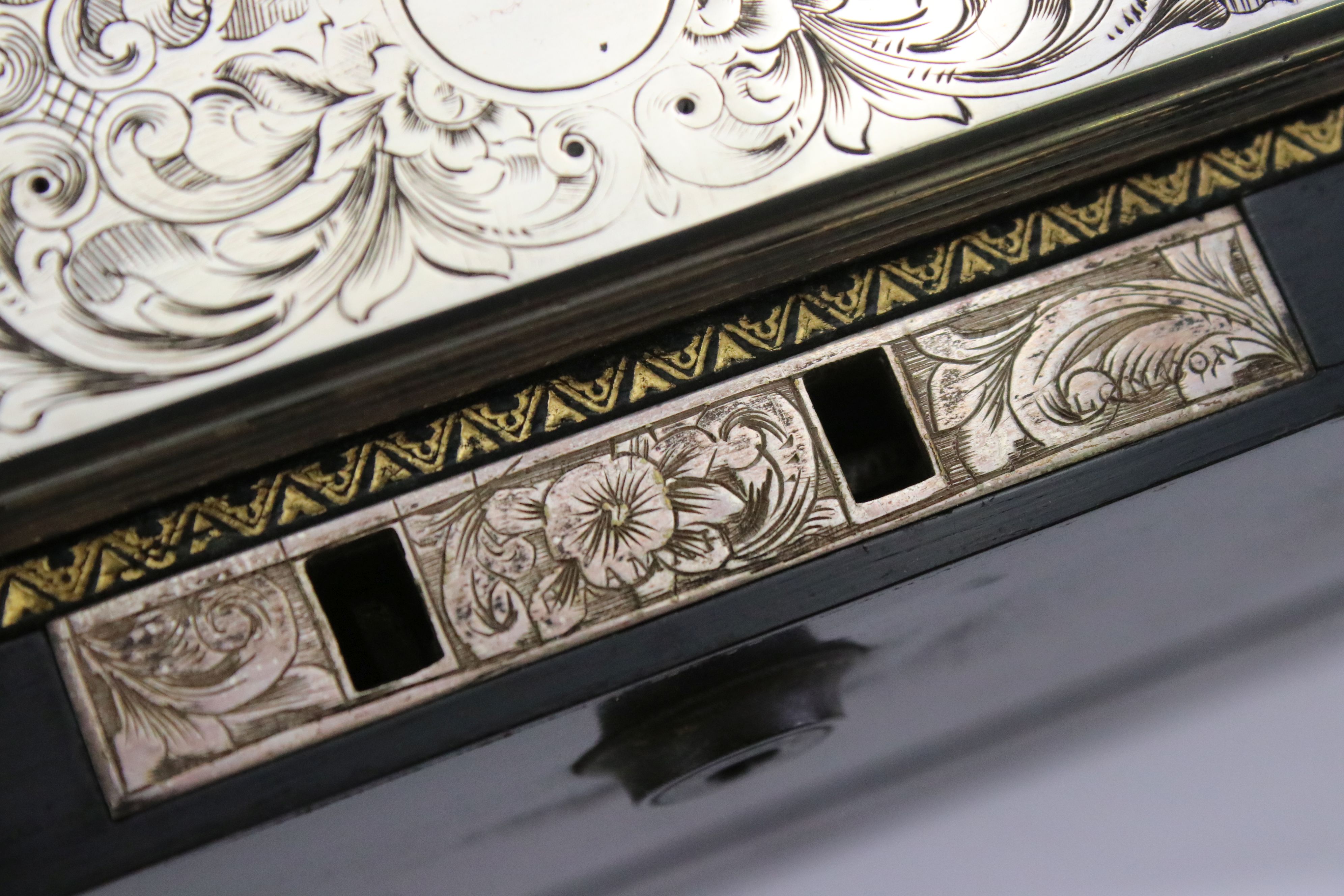 Mid 19th century coromandel travelling dressing box, containing silver topped dressing table jars, - Image 11 of 13