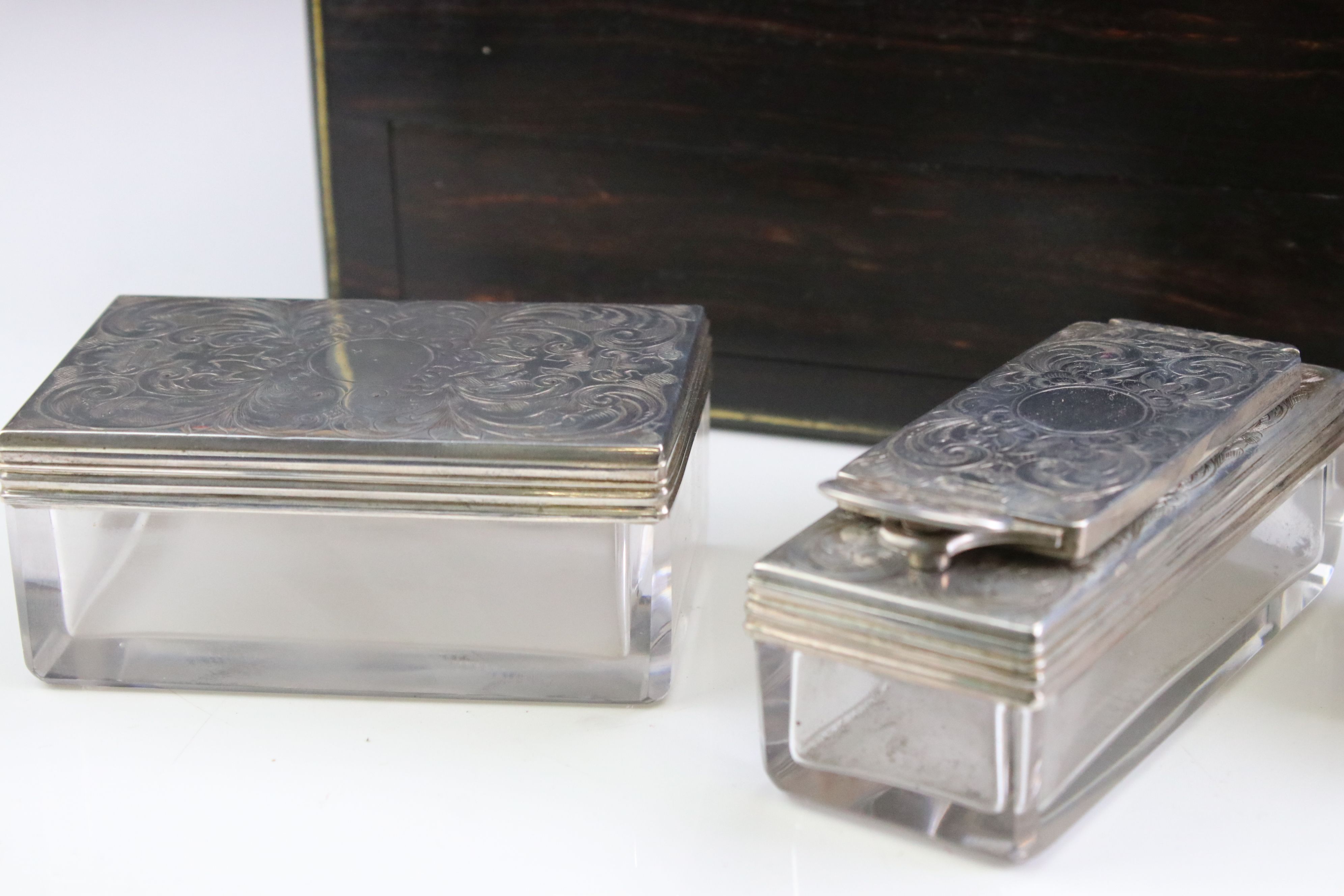 Mid 19th century coromandel travelling dressing box, containing silver topped dressing table jars, - Image 7 of 13