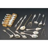 Collection of silver flatware to include a George III fiddle pattern dessert spoon, London 1809,