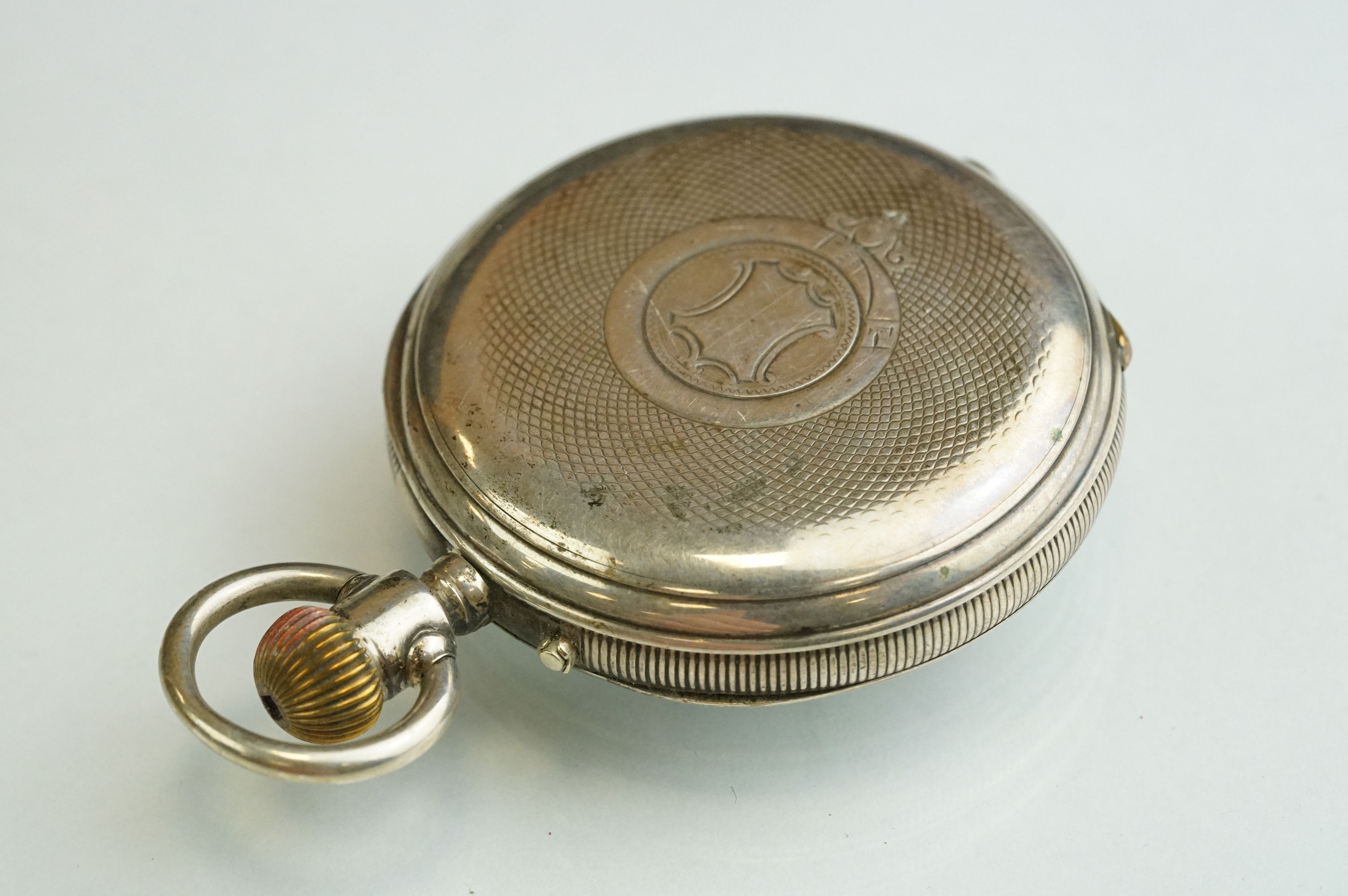 Silver open faced crown-wind pocket watch with black Roman numerals on a white enamel dial, - Image 6 of 8