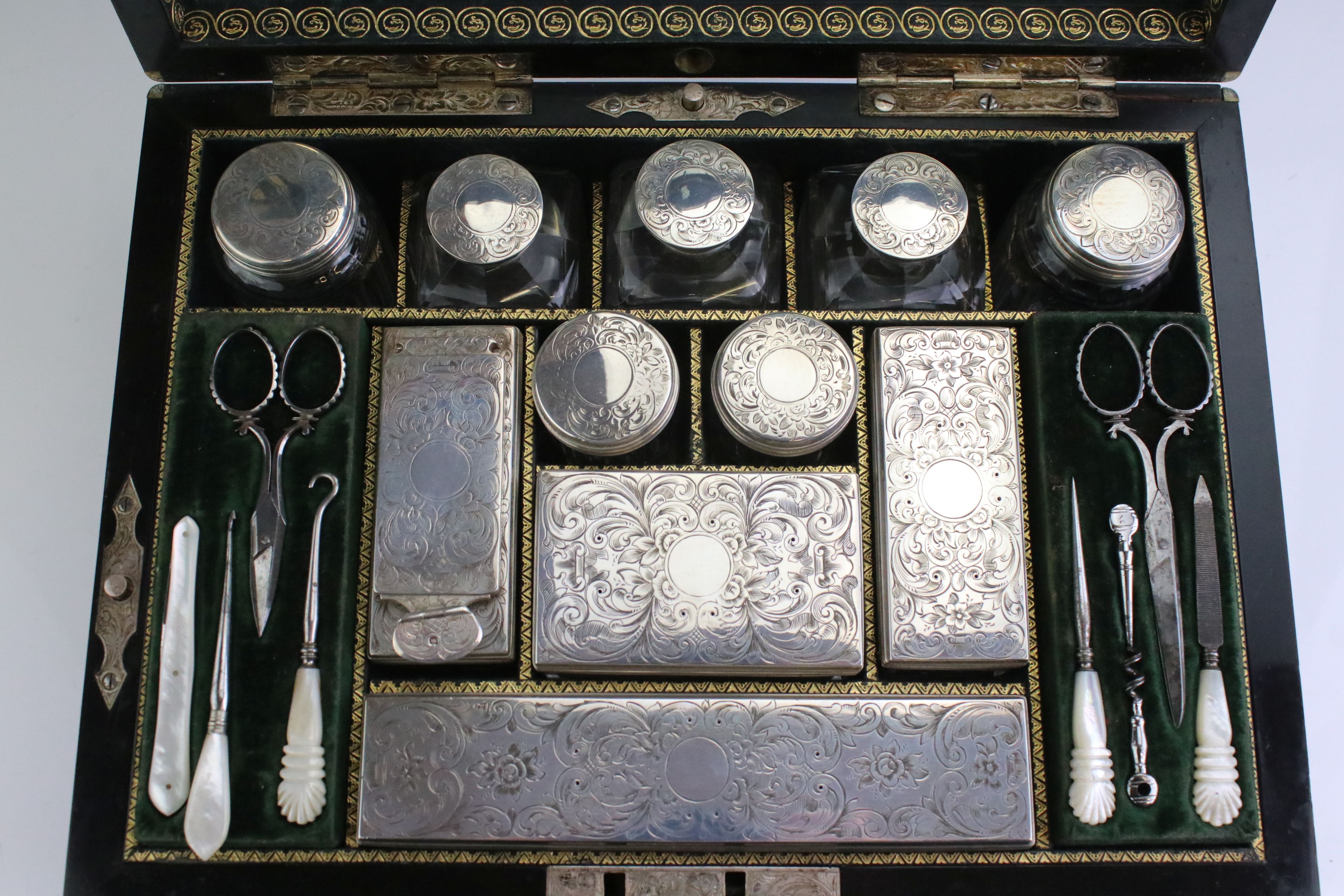 Mid 19th century coromandel travelling dressing box, containing silver topped dressing table jars, - Image 2 of 13