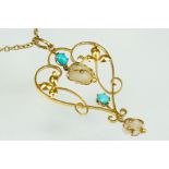 Edwardian turquoise and baroque pearl 9ct yellow gold pendant necklace, two blister pearl droppers