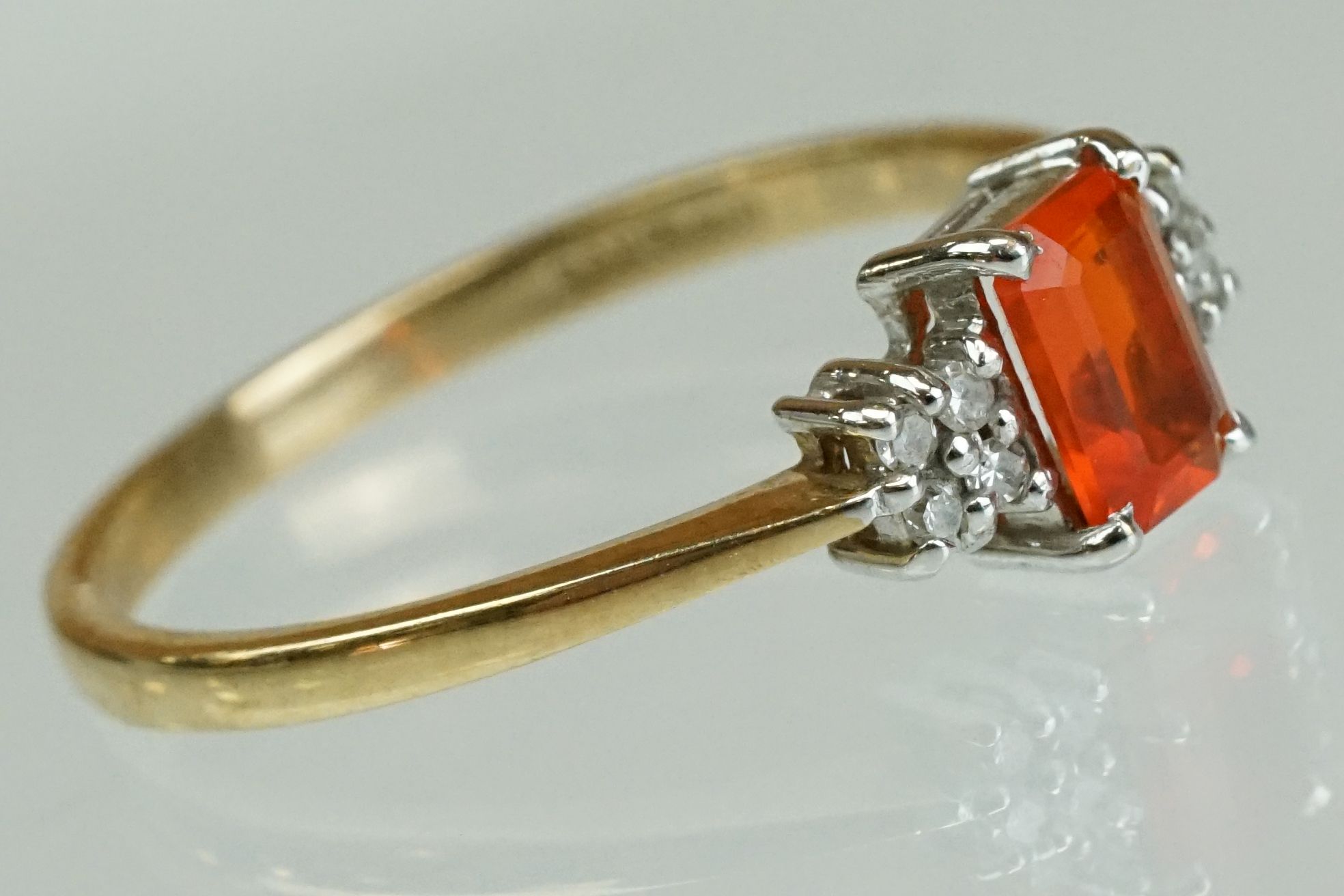 Fire opal and diamond 9ct yellow gold ring, the rectangular mixed cut fire opal measuring approx 6mm - Image 11 of 17