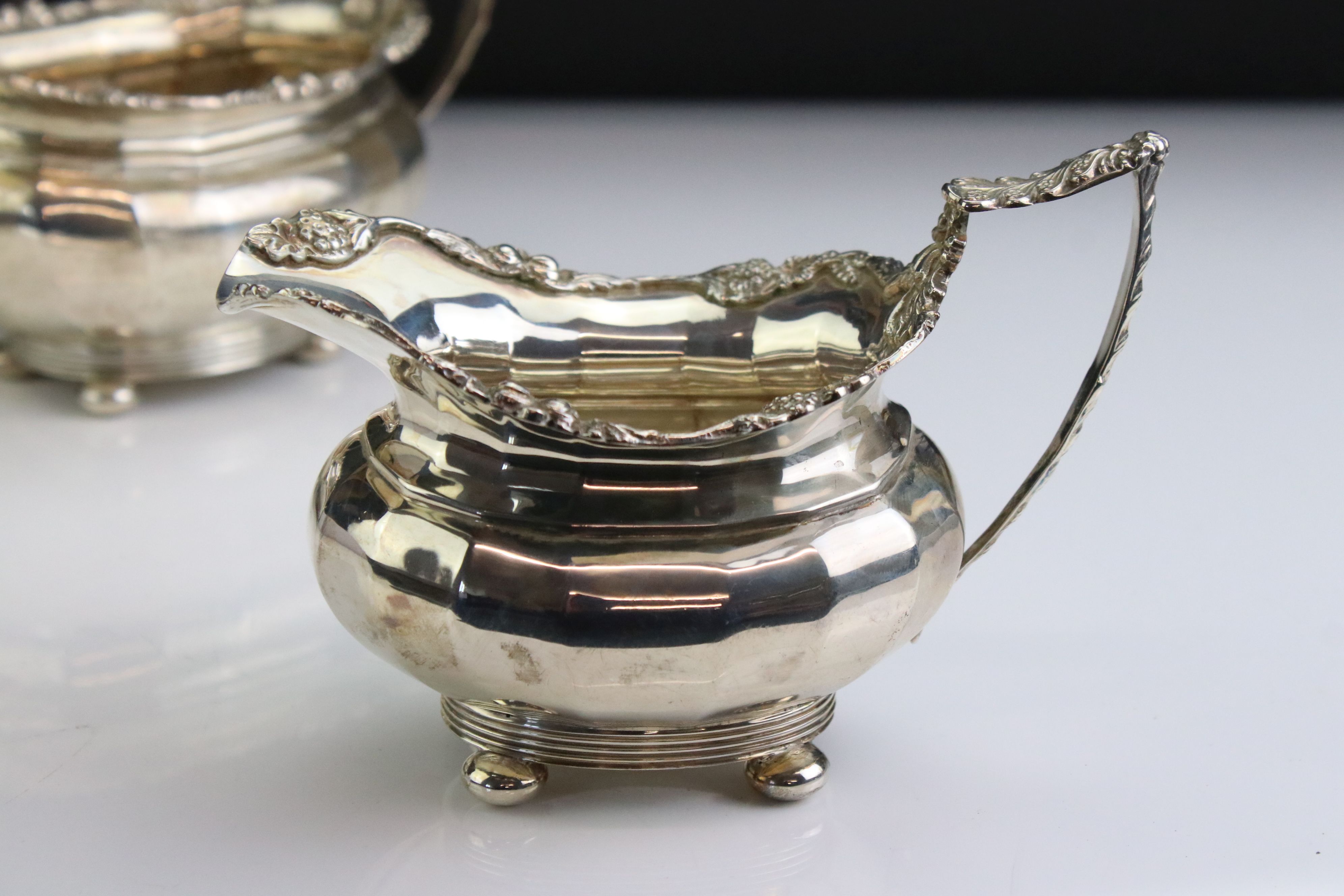 Three piece silver tea service, comprising teapot, milk jug and twin handled sugar bowl, the - Image 2 of 10