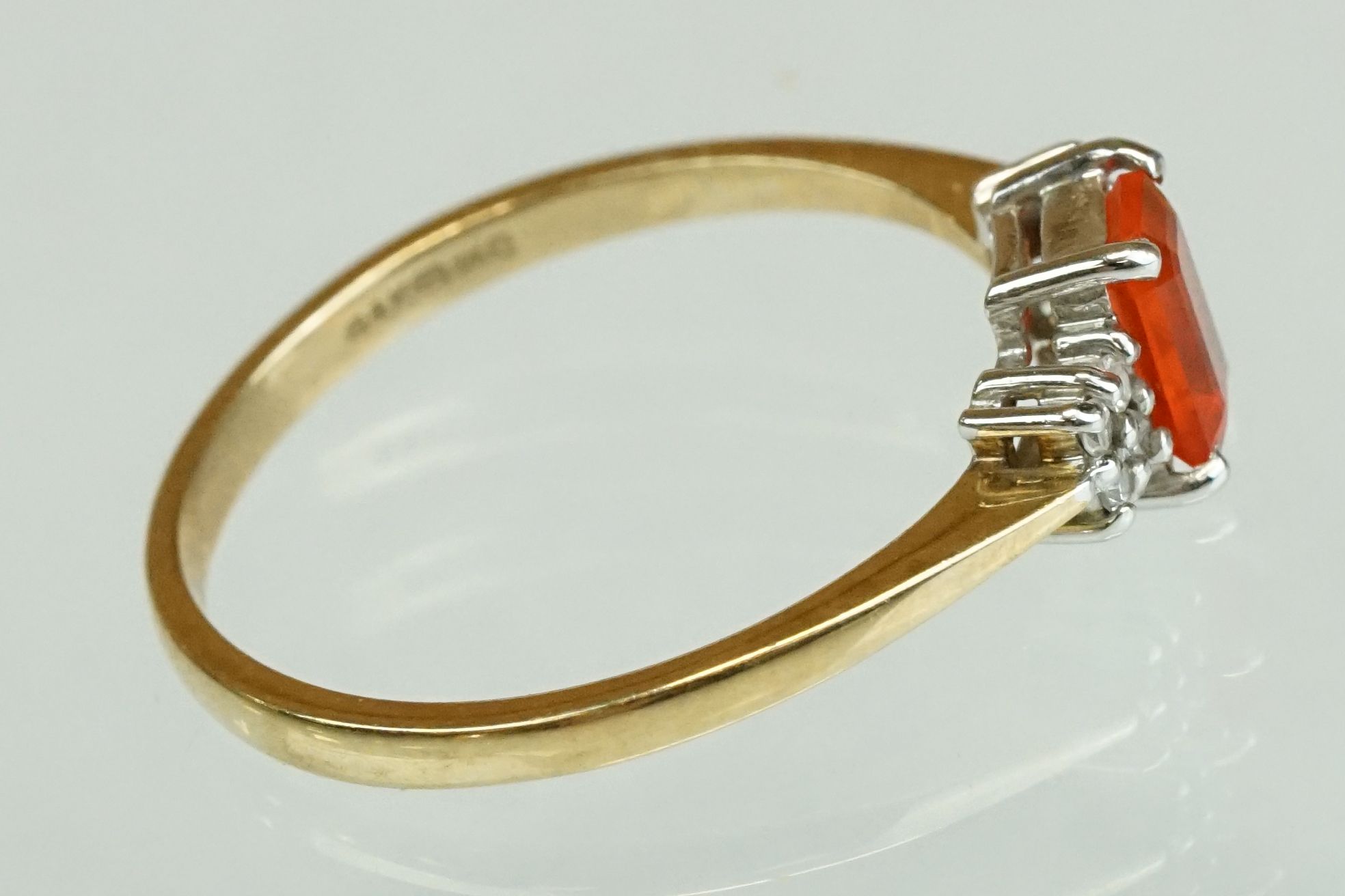 Fire opal and diamond 9ct yellow gold ring, the rectangular mixed cut fire opal measuring approx 6mm - Image 14 of 17