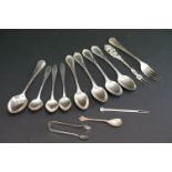 Collection of silver and white metal flatware to include a set of five white metal teaspoons with