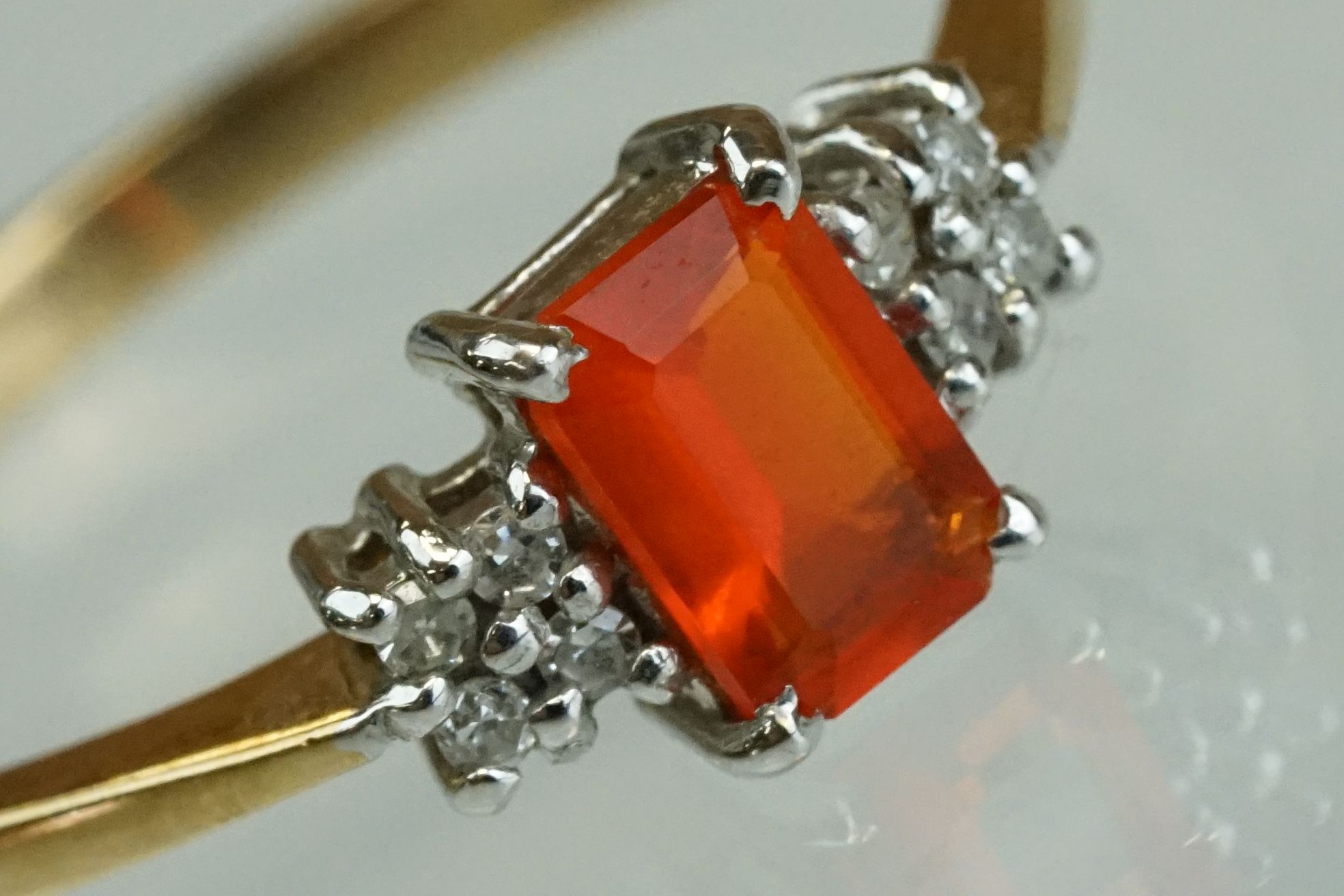 Fire opal and diamond 9ct yellow gold ring, the rectangular mixed cut fire opal measuring approx 6mm - Image 16 of 17