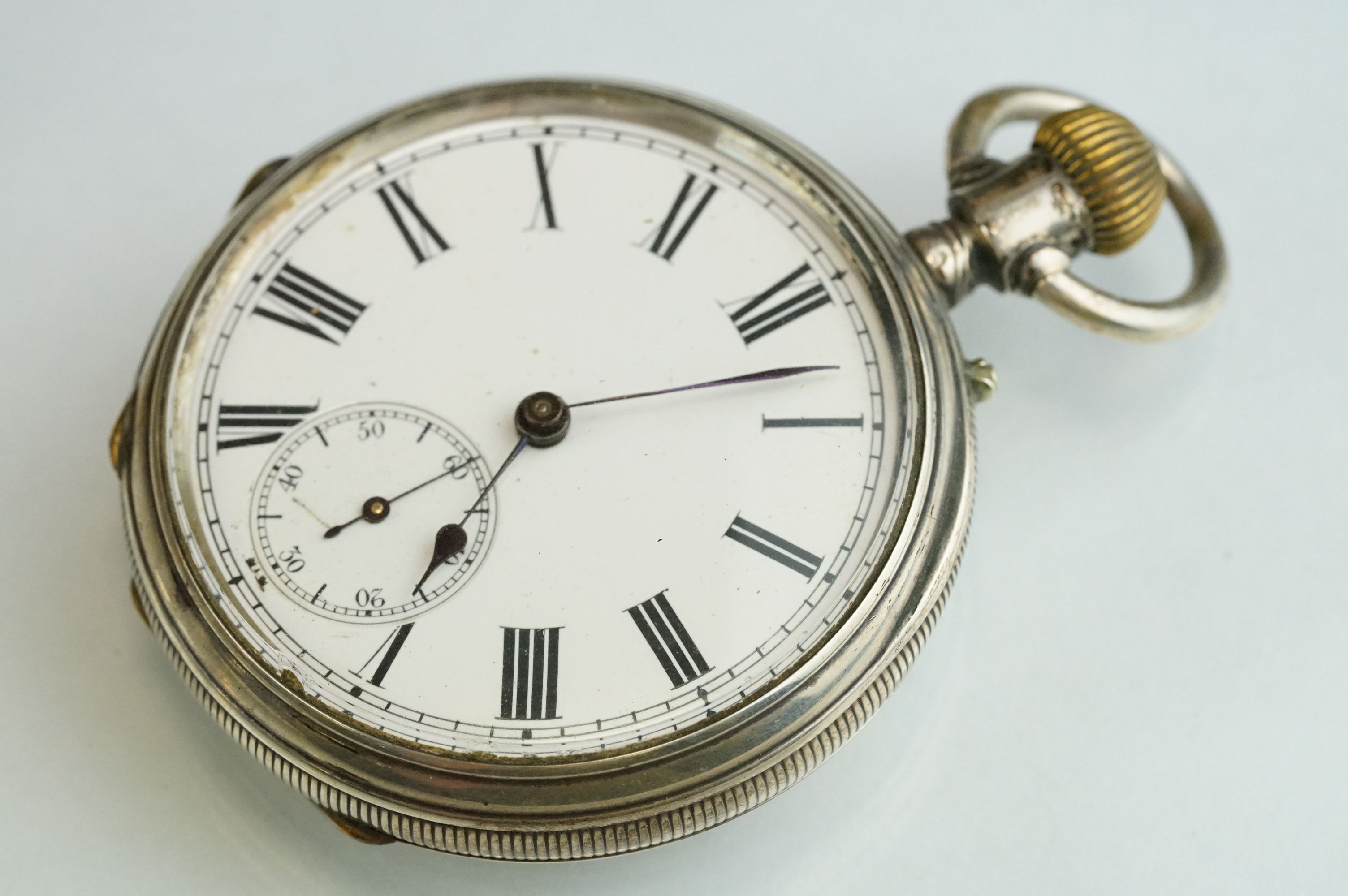 Silver open faced crown-wind pocket watch with black Roman numerals on a white enamel dial, - Image 2 of 8