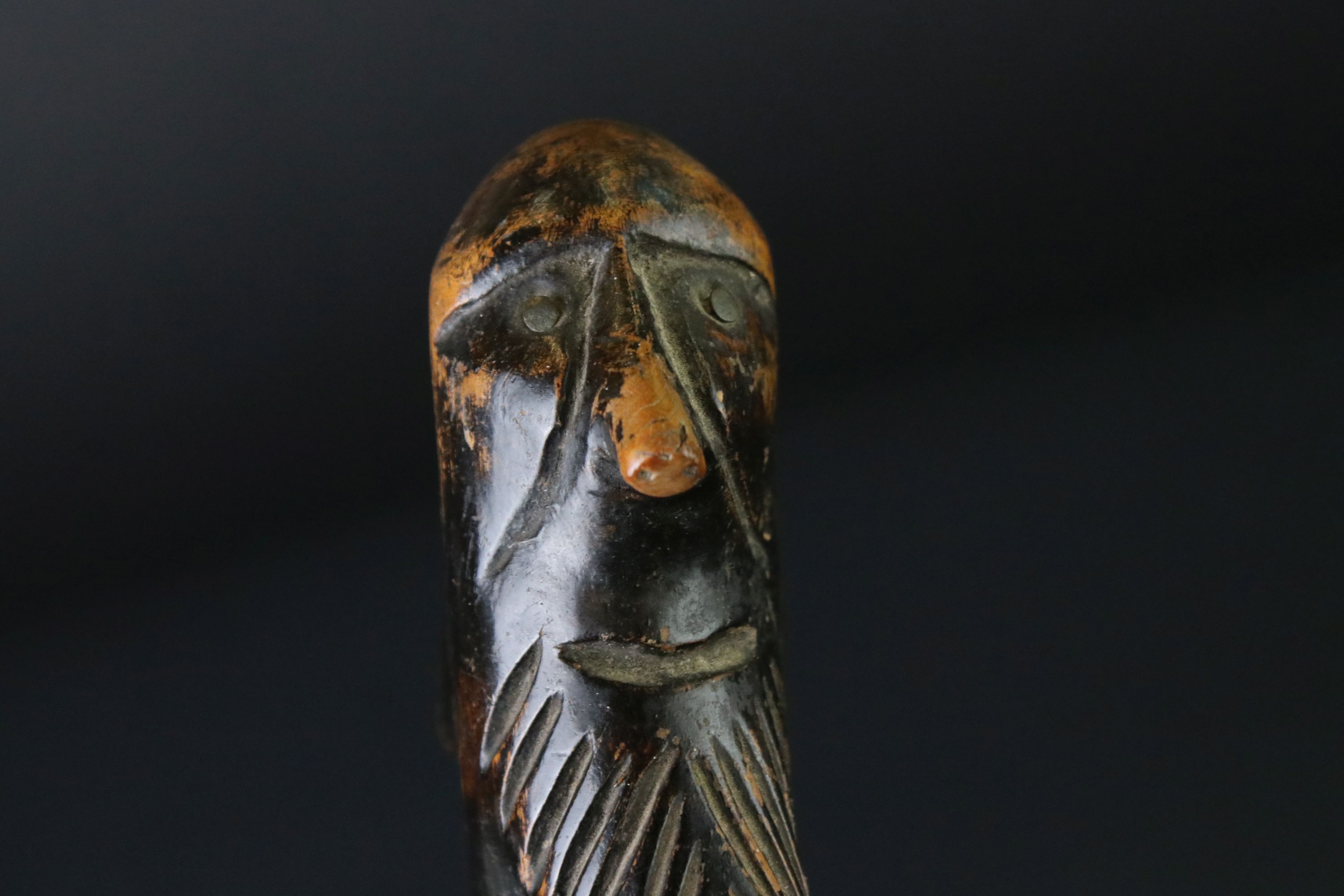 20th century tribal style carved wooden walking stick with figural two-faced handle; snake, animal - Image 7 of 7