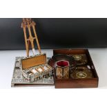 19th century sandalwood blotter, a sandalwood workbox, a Victorian walnut extending book rack, a