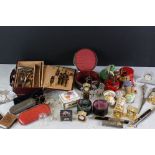 A box of mixed collectables to include Halcyon Days enamel trinket boxes, vintage pocket money toys,