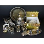 A box of mixed metal ware to include silver plate and brassware together with trinket boxes,