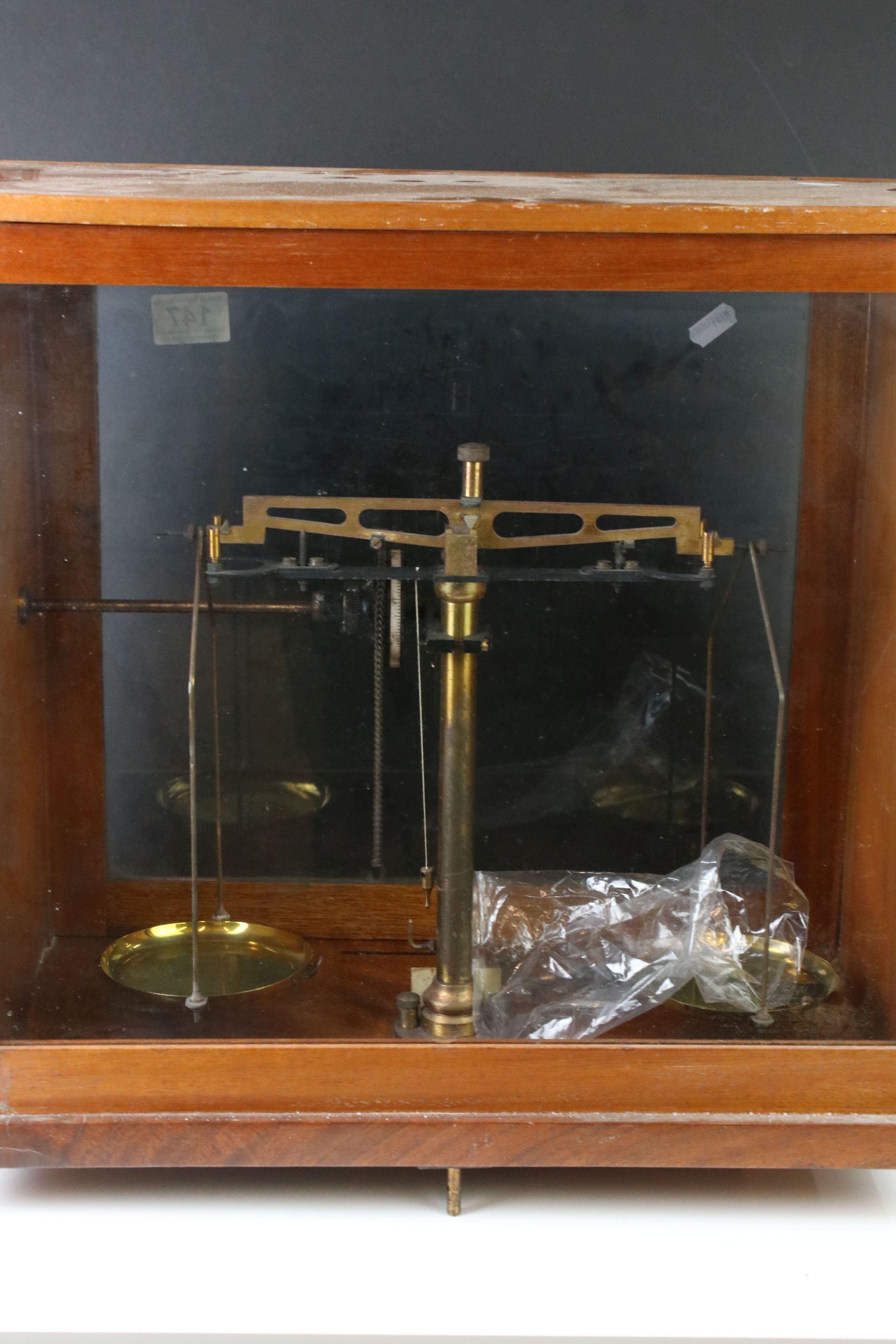 Baird & Tatlock, London set of vintage balance weighing scales housed within a wooden case, with - Image 7 of 7