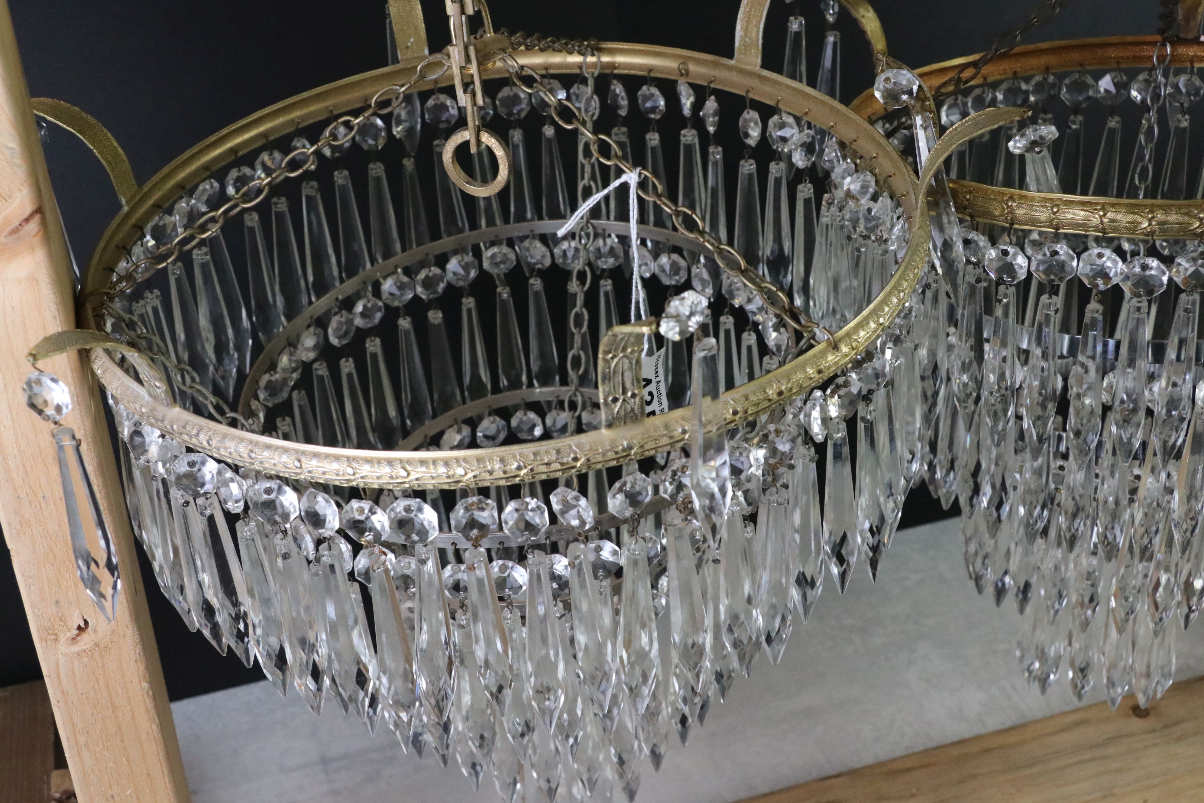 Two Gilt Metal Glass Crystal Drop Four Tier Waterfall Chandeliers, largest 41cm diameter x 40cm high - Image 6 of 7