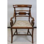 George III Mahogany Elbow Chair with bar back, carved scrolling arms and sabre front legs, 55cm wide