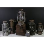 Welsh Brass Miners Lamp together with Five Storm Lanterns, Hand held Pilot Torch and Metal Box (