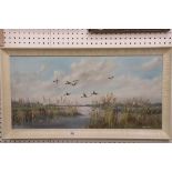 Henry Stanton, Oil Painting on Canvas of Mallard Ducks in Flight, signed, 79cm x 39cm, framed