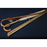 Malacca gold topped walking cane, another Malacca cane with horn handle, one other cane & a