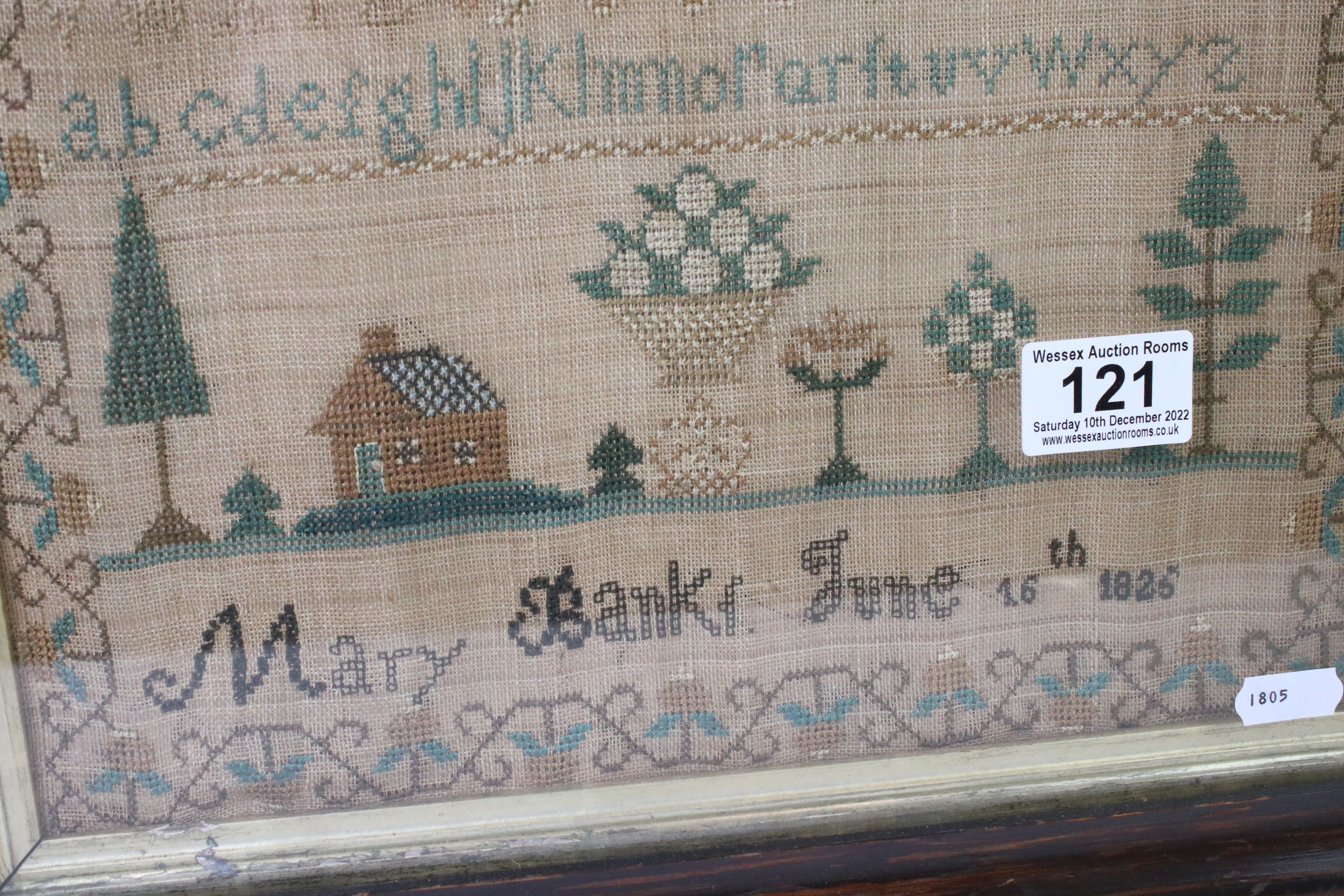 Early 19th century needlework sampler by Mary Bank, dated June 16th 1826, featuring a house, - Image 3 of 7