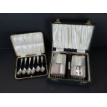 Cased silver topped brush & comb set by Frank Cobb, together with a set of 1938 silver tea spoons