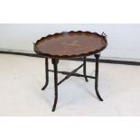 Edwardian Mahogany Inlaid Serving Tray with wavy gallery and twin brass handles, fixed onto a