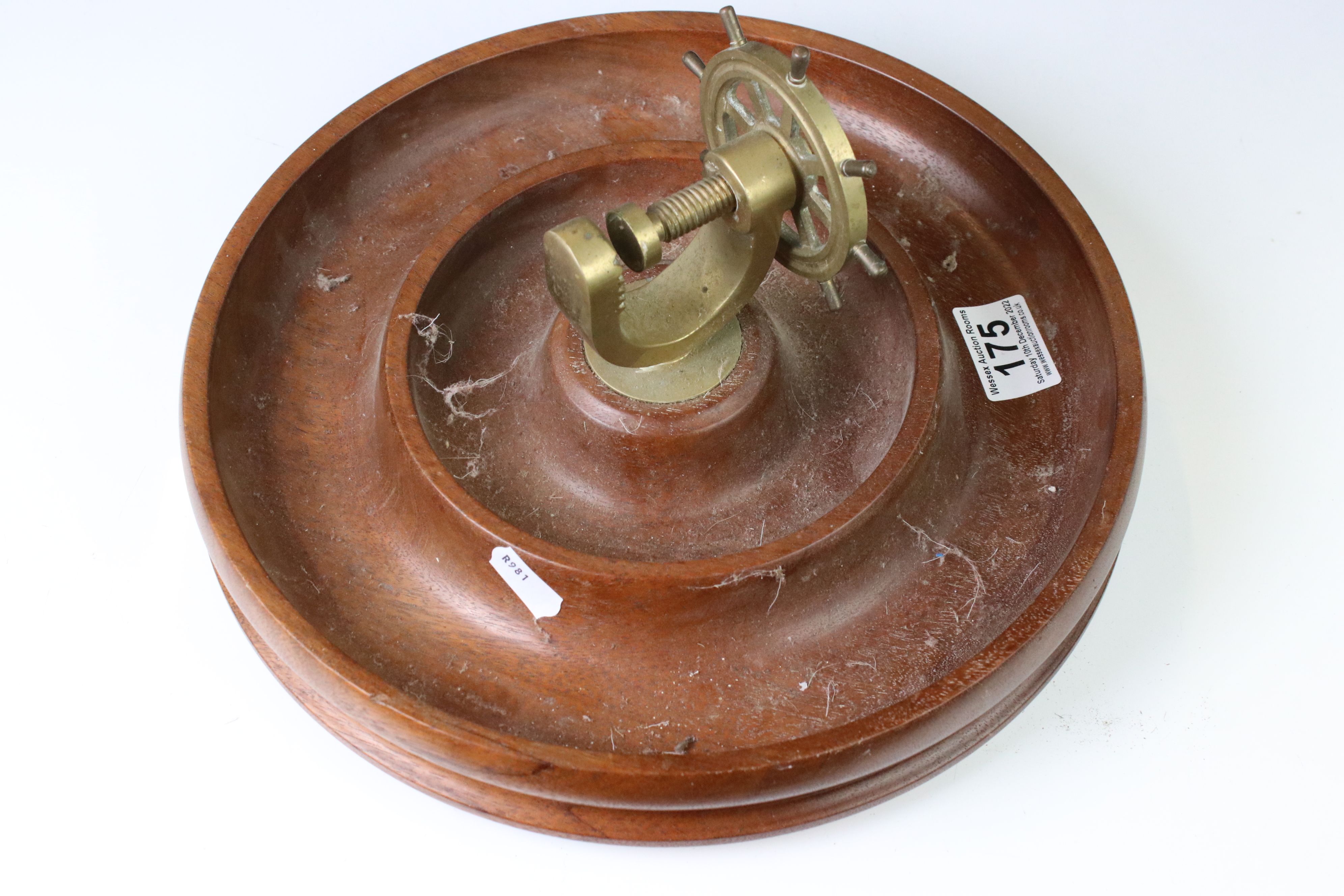 Novelty turned wooden nut dish mounted with a brass ship's wheel nutcracker, approx 29cm diameter - Image 3 of 3