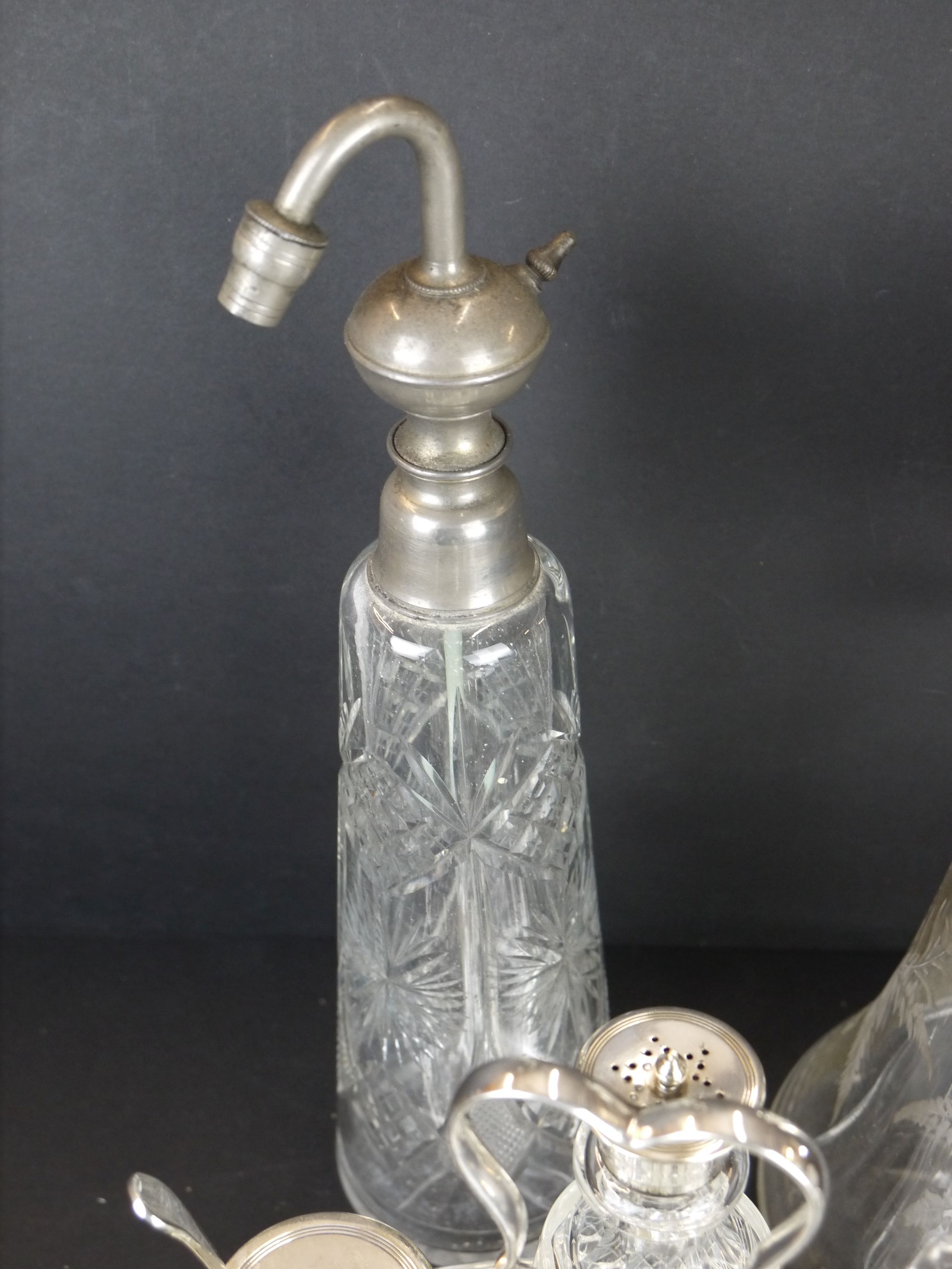 A silver plate and cut glass condiment set together with a silver plate and cut glass claret jug. - Image 3 of 5