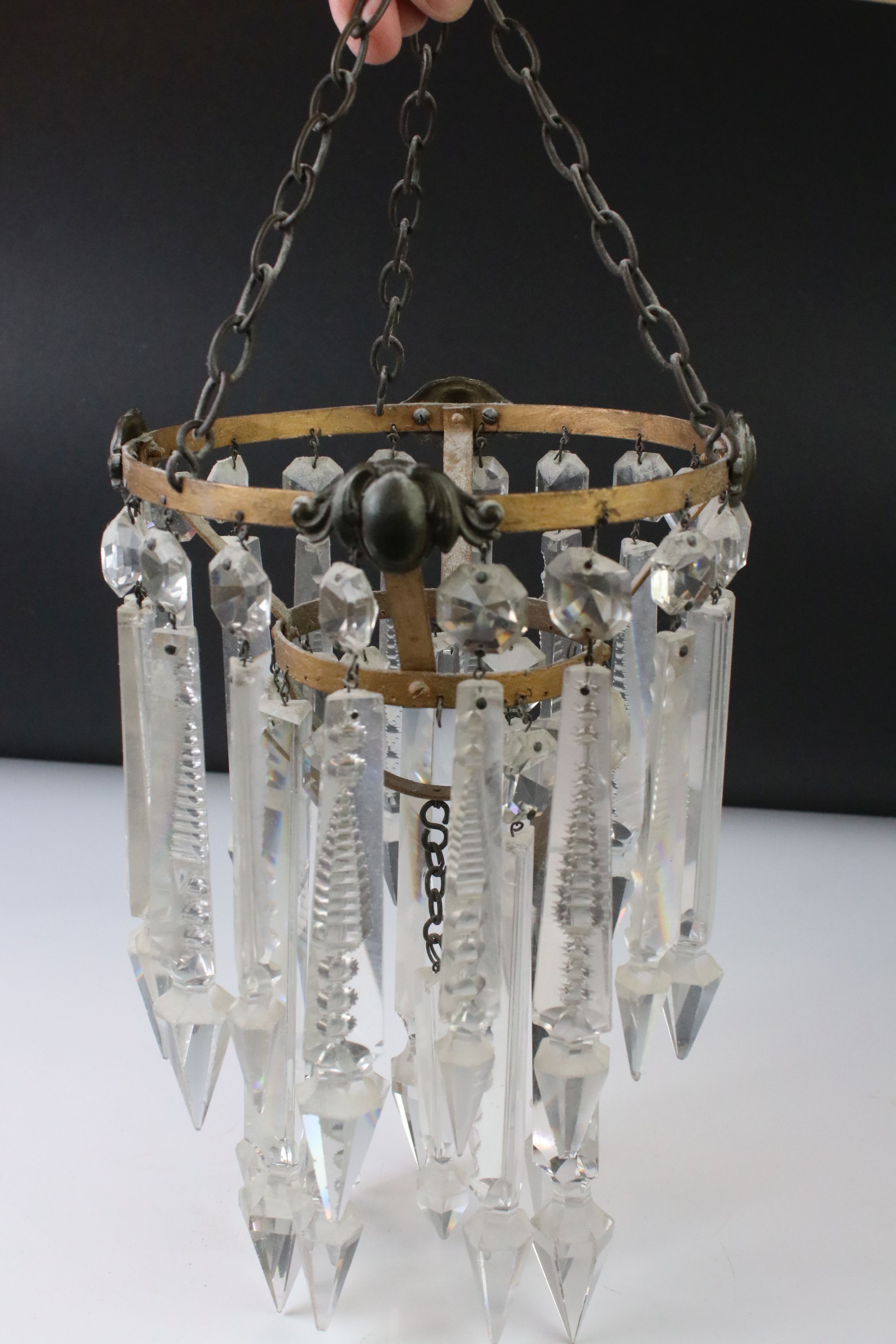 Pair of 19th century 2-tier hanging lustres with clear glass crystal droplets and metal ceiling - Image 2 of 4