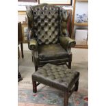 Green Leather Button Back Wing Back Armchair in the George III manner 83cm wide x 120cm high