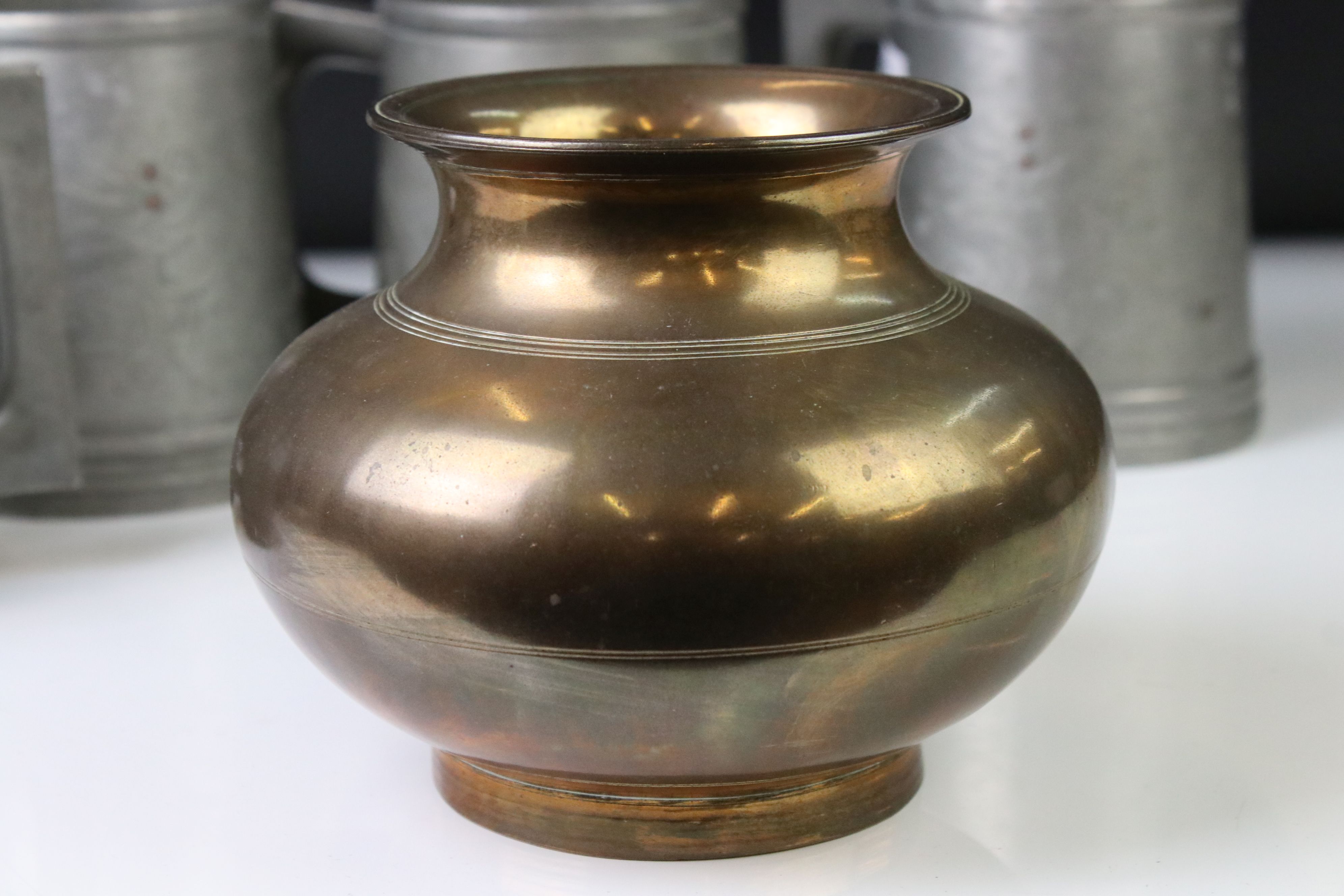 Chinese brass censer of plain polished baluster form, raised on a circular foot, approx 11cm high, - Image 5 of 8