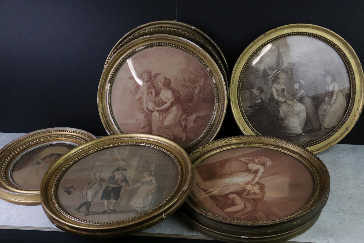 Five 18th century Sepia Circular Stipple Engravings, 28cm diameter together with five further