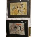 Pair of African Cave Painting style Watercolours signed Booi ??, largest 48cm x 35cm, framed and