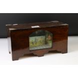 Novelty stained pine music box, with an arched glass panel to the front enclosing a