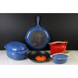 Four items of Le Creuset Cast Iron including Green Frying Pan 26, Blue Frying Pan 30 and Two Blue