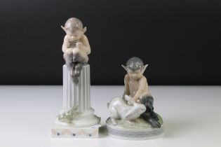 Two Royal Copenhagen porcelain figures to include a faun playing a mouth organ seated on fluted