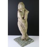 Art Nouveau alabaster figure of a classical maiden, loosely dressed, mounted on a green polished