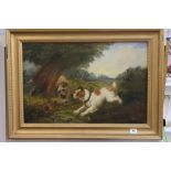 After George Armfield, Oil Painting on Canvas of Terriers at a rabbit hole with trees in the