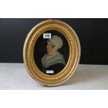 English School Oval Oil Portrait, Head and Shoulders Side View of a Lady wearing a Bonnet, 22cm x