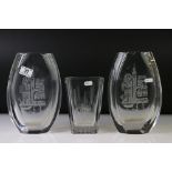 Pair of Norwegian Hadeland glass vases decorated with etched village motifs, of ovoid form,