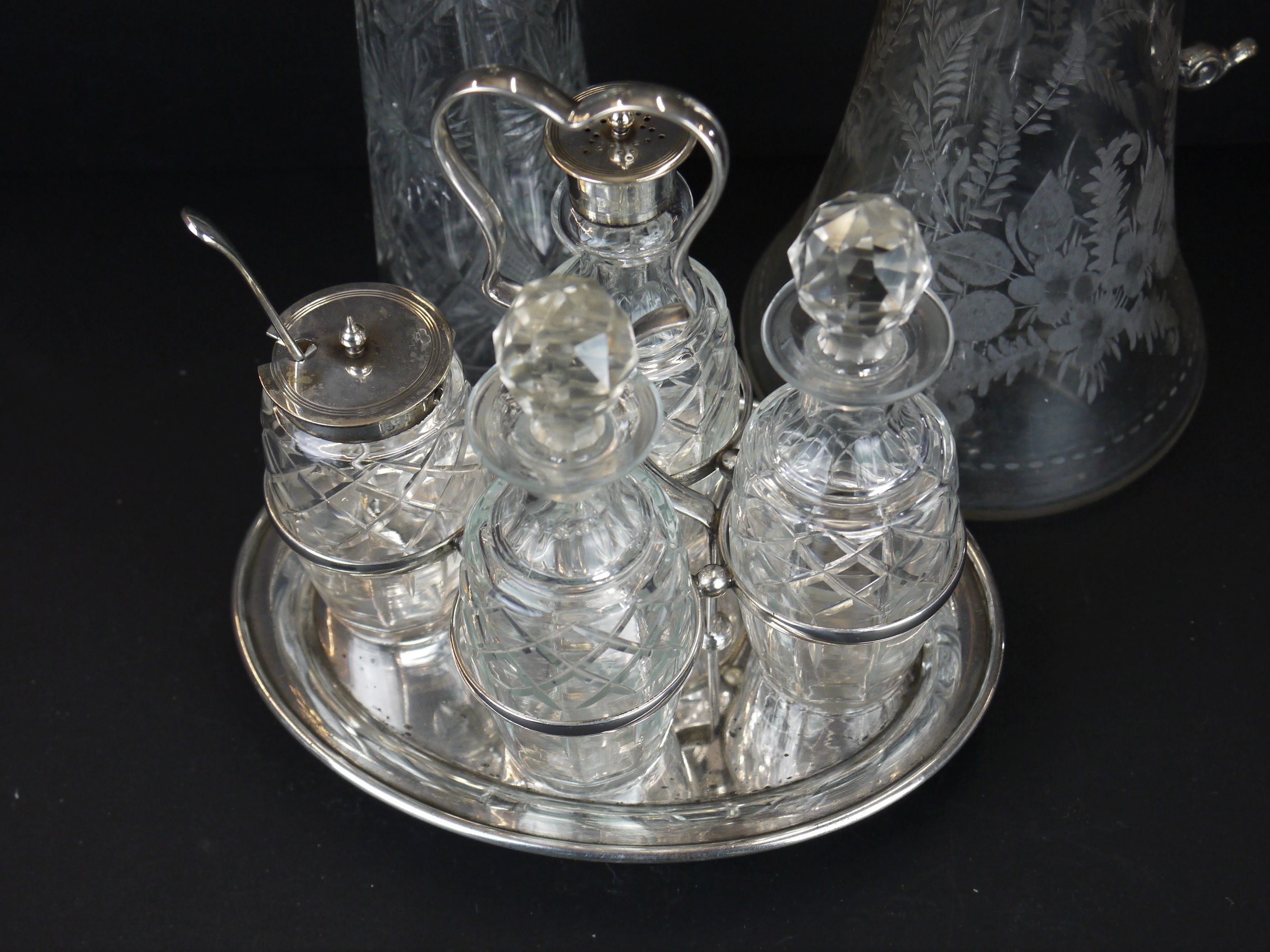 A silver plate and cut glass condiment set together with a silver plate and cut glass claret jug. - Image 5 of 5