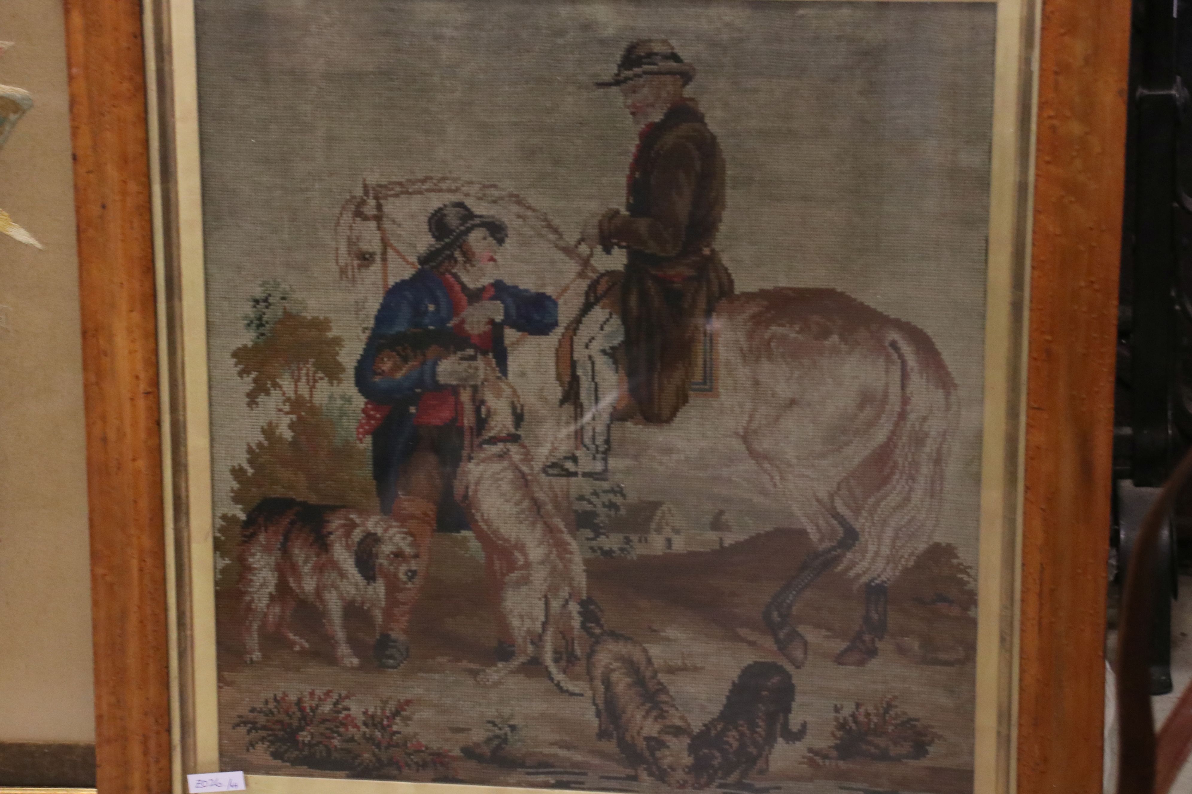 19th century Needlework depicting a Man on Horseback conversing with a Man with Dogs, 49cm x 52cm, - Image 2 of 4