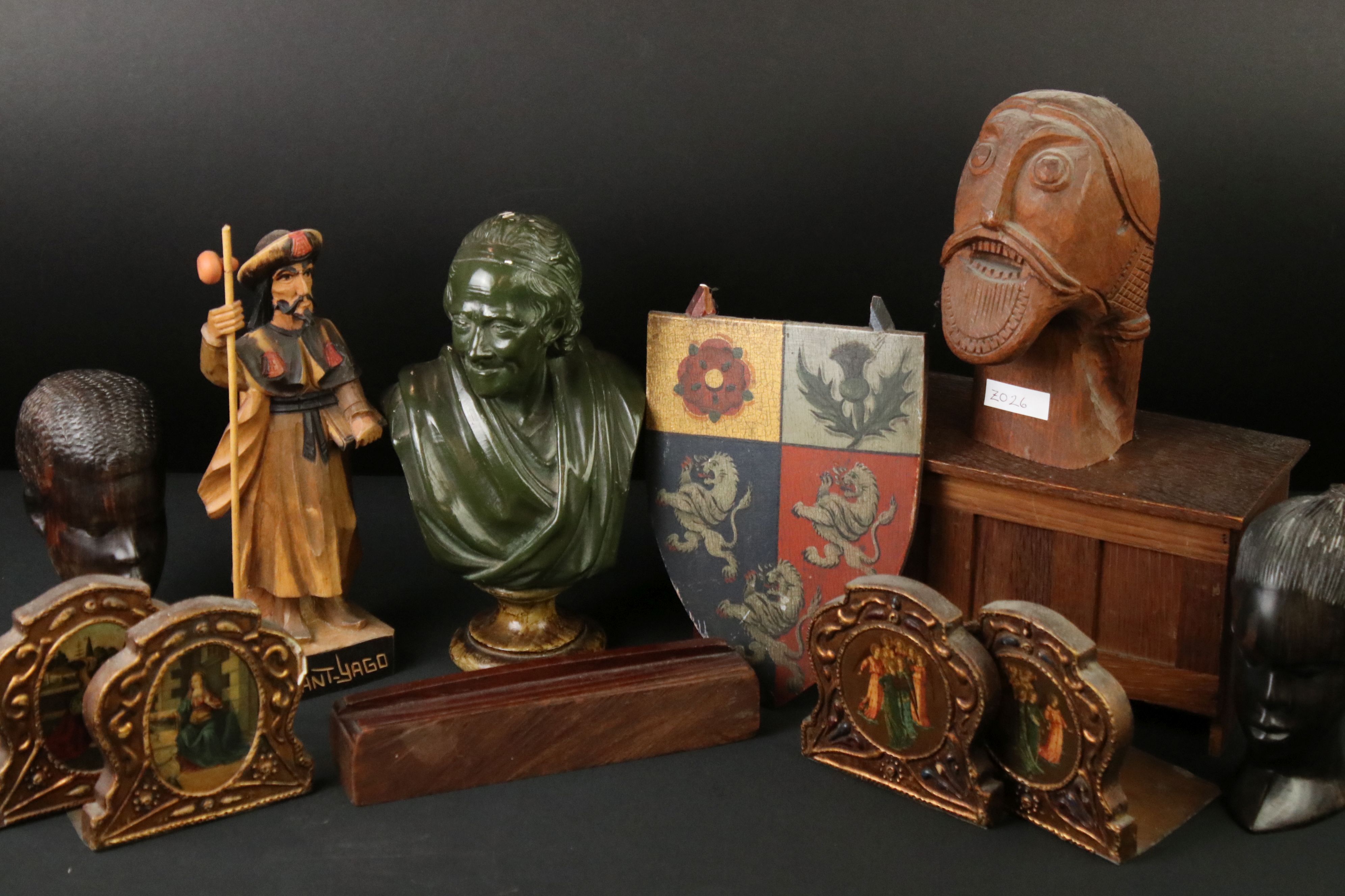 Mixed lot including Four Busts, Hardwood Stand, Carved Sant-Yago figure, Oak Box in the form of a