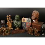 Mixed lot including Four Busts, Hardwood Stand, Carved Sant-Yago figure, Oak Box in the form of a